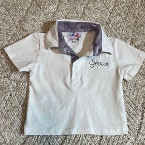 EUC Little Louanne embroidered Geaux White Polo Shirt with purple gingham 6m
